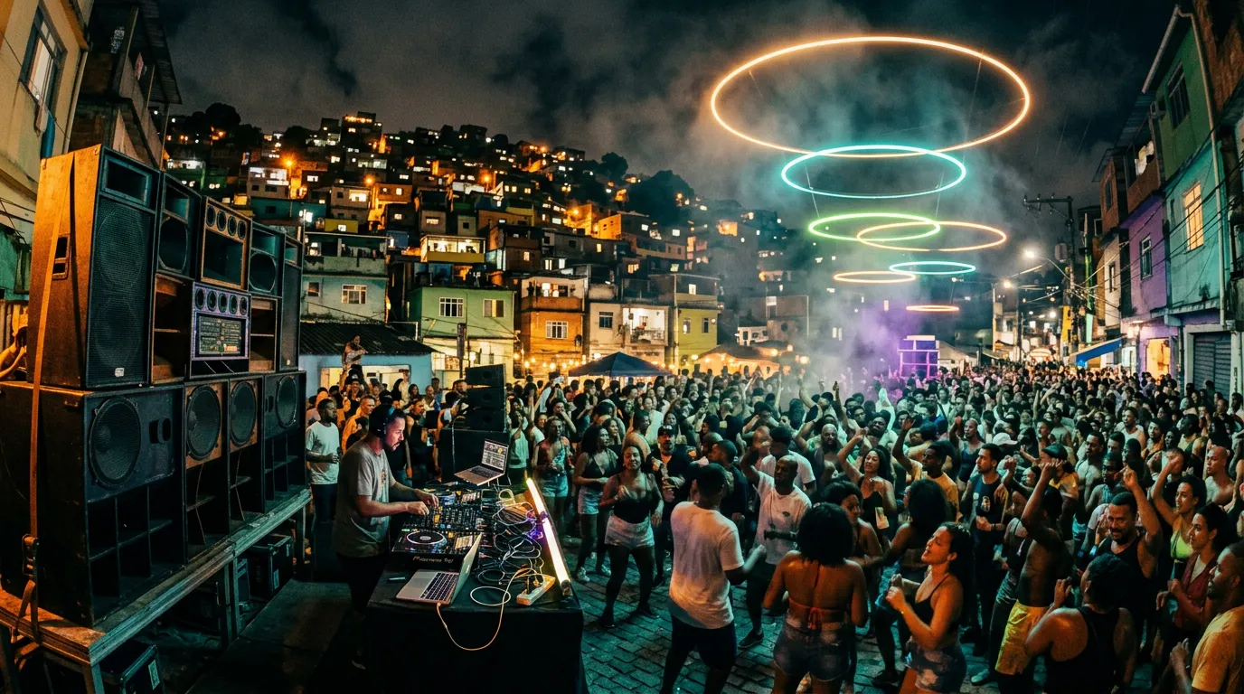 A crowded open-air street party on a Rio hillside at night, a towering speaker stack and DJ table glowing amber and green, faint light rings above dancers.
