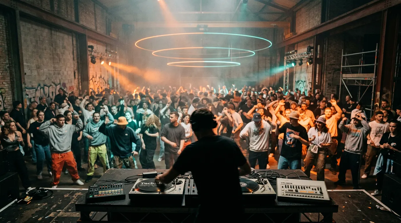 A DJ at two turntables in a dark warehouse rave, orange and teal strobes cutting through haze, faint glowing rings of light hanging in the air above the crowd.