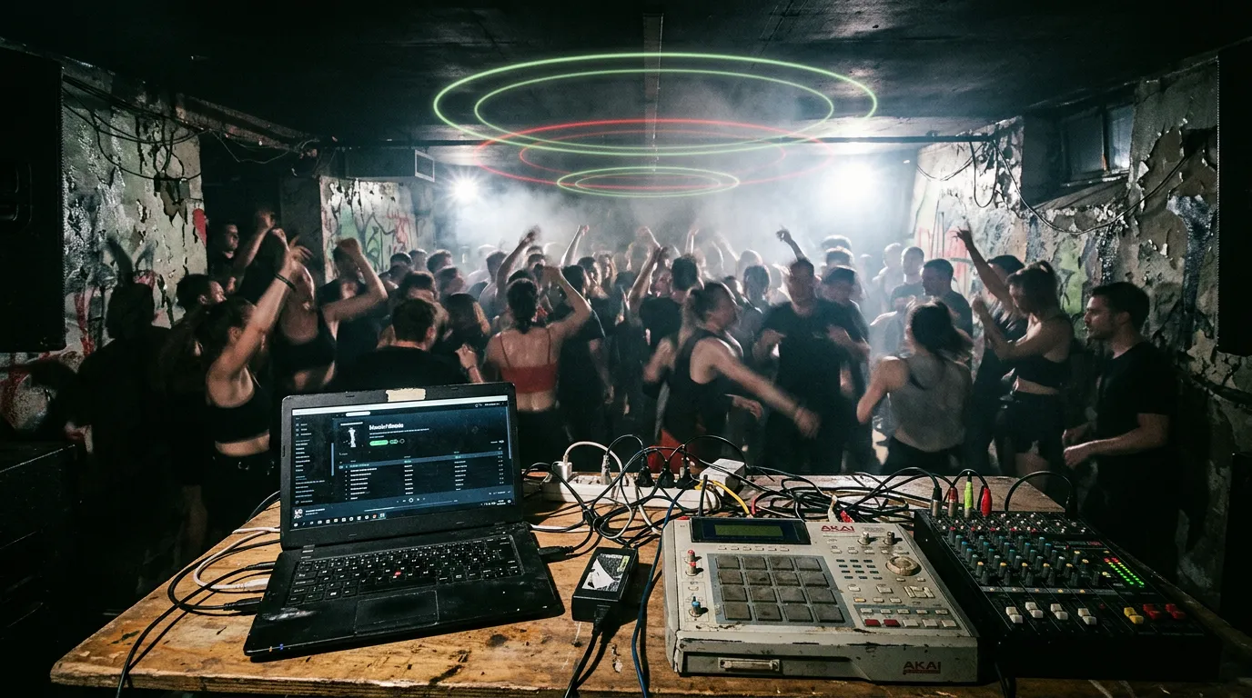 A sweaty underground basement rave with a laptop and sampler on a cluttered table, strobes cutting through haze and glowing rings of light hanging in the air.