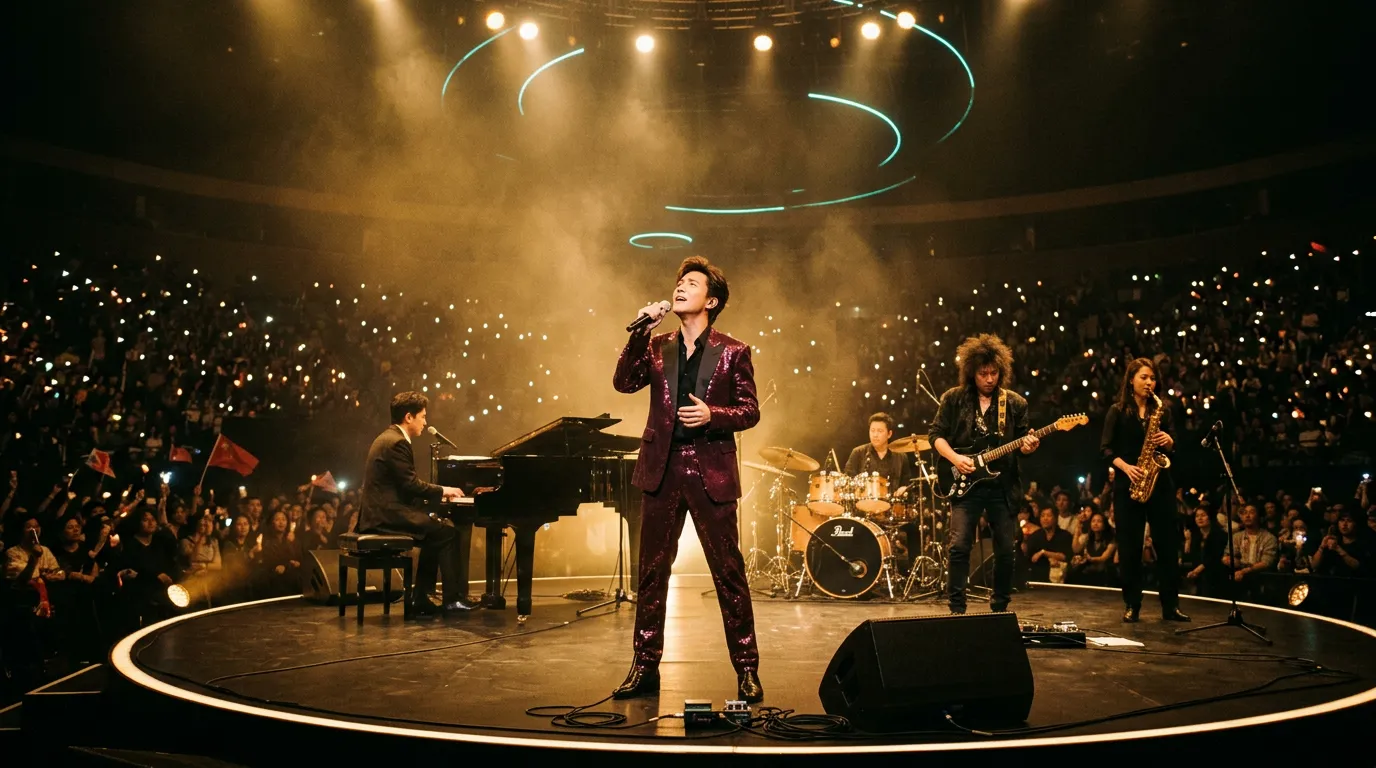 A Cantopop singer under warm stage lights in a large Hong Kong arena, with a pianist, guitarist and drummer behind him and faint rings of teal light in the air.