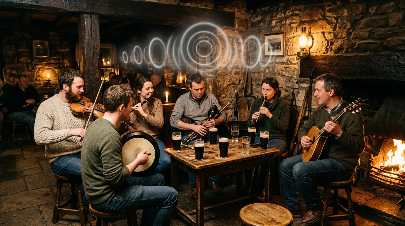 Irish traditional musicians with fiddle, tin whistle, uilleann pipes, bodhrán and bouzouki playing around a table in a cosy pub, with faint rings of light floating in the air.