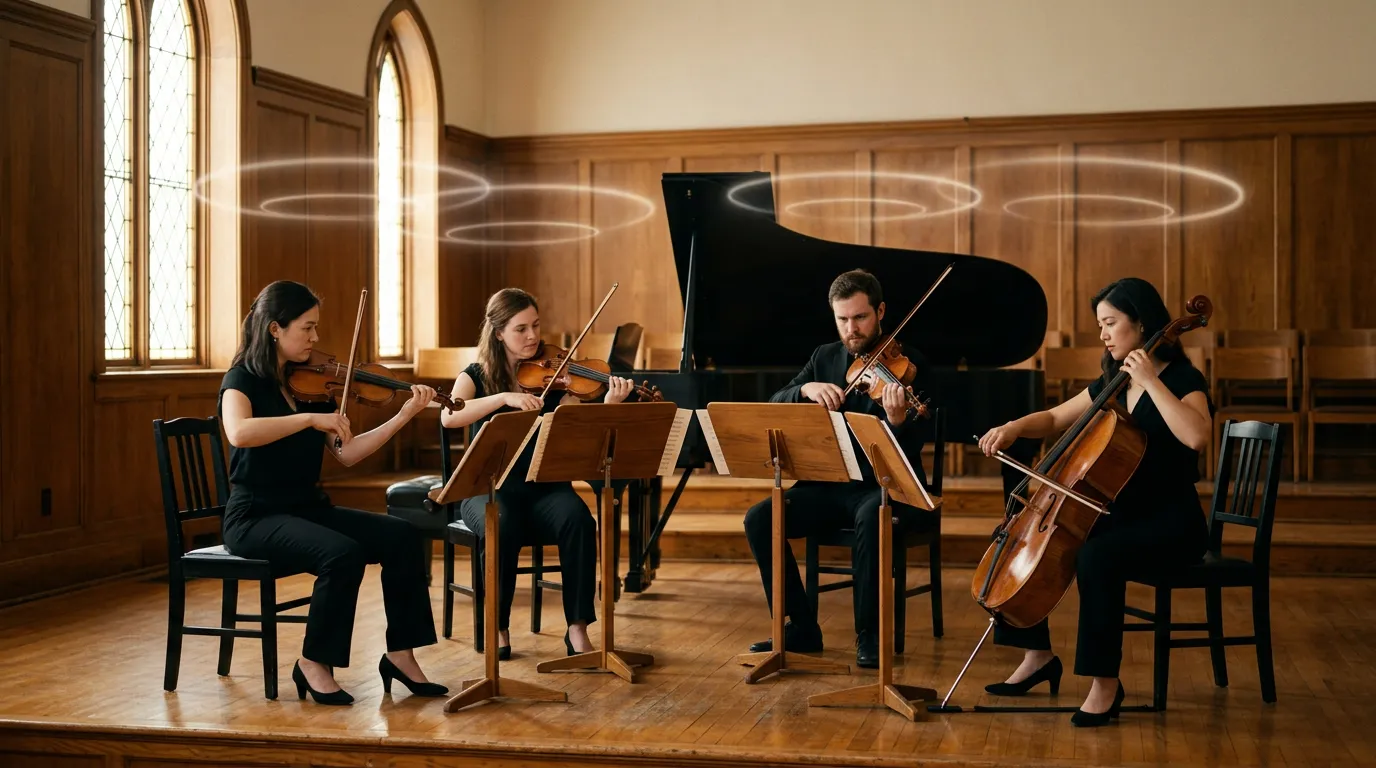 A string quartet playing in a small wood-panelled recital hall, two violins, a viola and a cello in a close arc, with faint rings of light floating above the players.