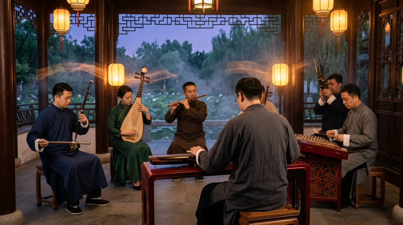 A Chinese traditional ensemble plays guqin, erhu, pipa and dizi in a wooden pavilion hall, with faint rings of teal light floating in the warm air.