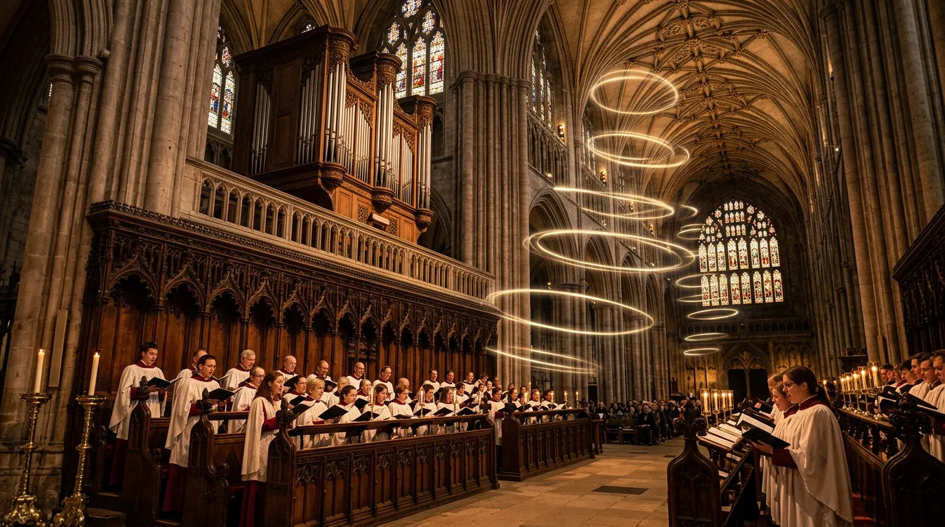 A robed choir singing in the stone choir stalls of a candlelit cathedral, an organ gallery above them and faint rings of light floating up into the vaulted ceiling.