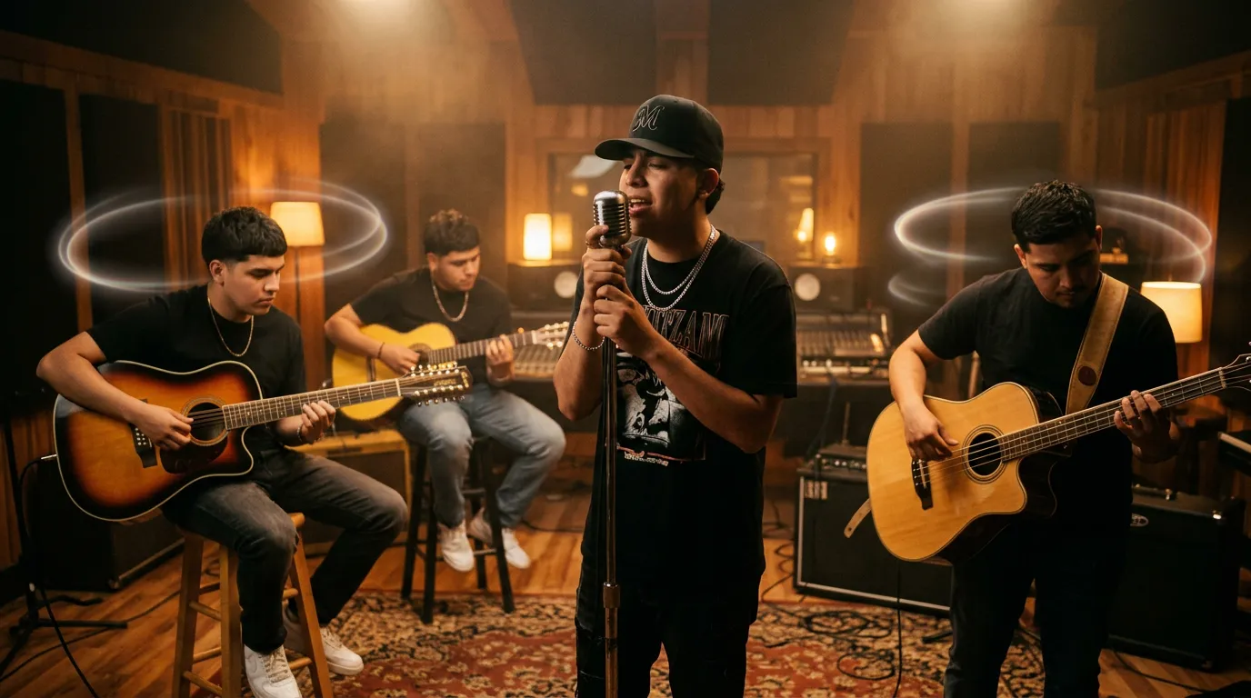 A young corridos tumbados group with requinto, twelve-string guitar and acoustic bass playing in a dim studio lit by warm amber lamps, with faint rings of light floating in the air.