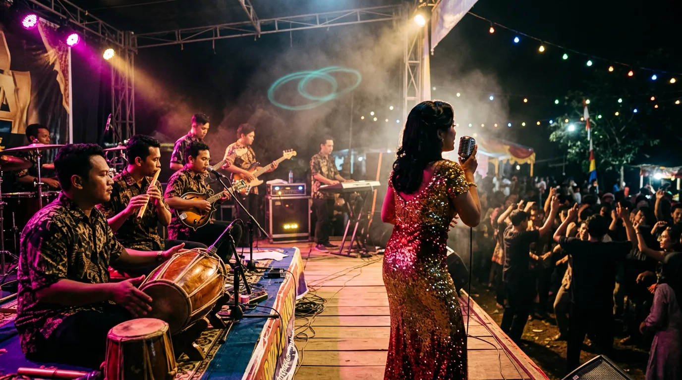 An Indonesian dangdut band playing on an outdoor night stage, with a kendang player, a suling flute and a mandolin under colourful lights and faint rings of teal light.