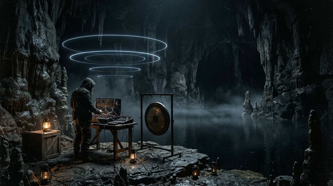 A vast underground cavern lit by a few dim lanterns, a lone figure beside modular synth gear and a large gong, faint rings of light floating in the mist.