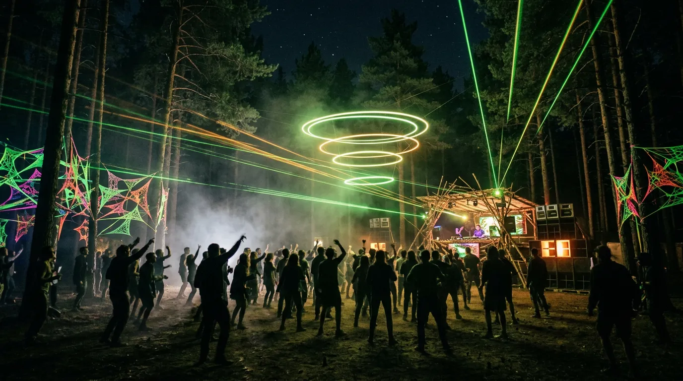 A night-time forest dance floor with dancers among tall pine trees, green and amber lasers cutting through mist, and faint glowing rings of light floating between the branches.