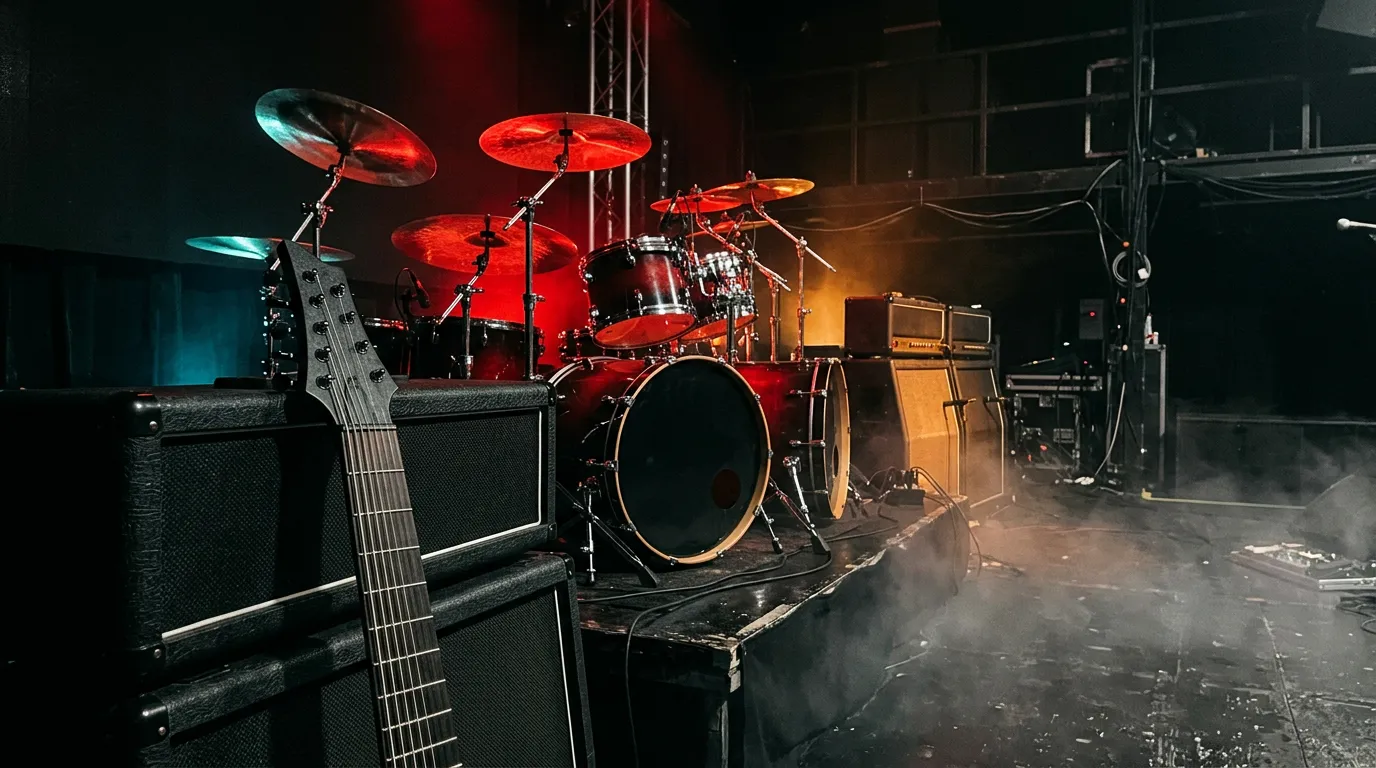 Down-tuned seven-string guitar leaning on black amp cabinets beside a drum kit with red-lit cymbals and stage fog in a dark club