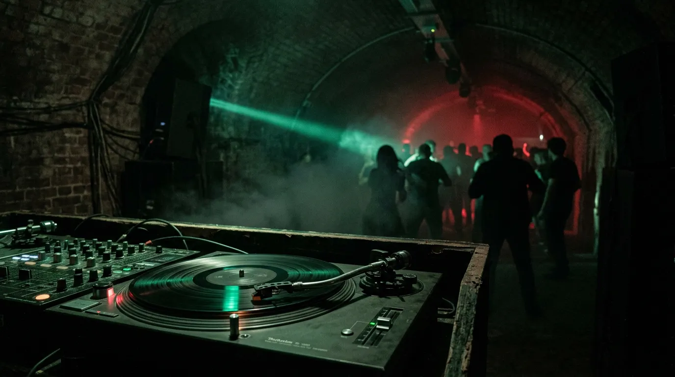A spinning vinyl record lit green in the foreground of a foggy brick railway arch, with a faint red glow outlining dancers in the dark.