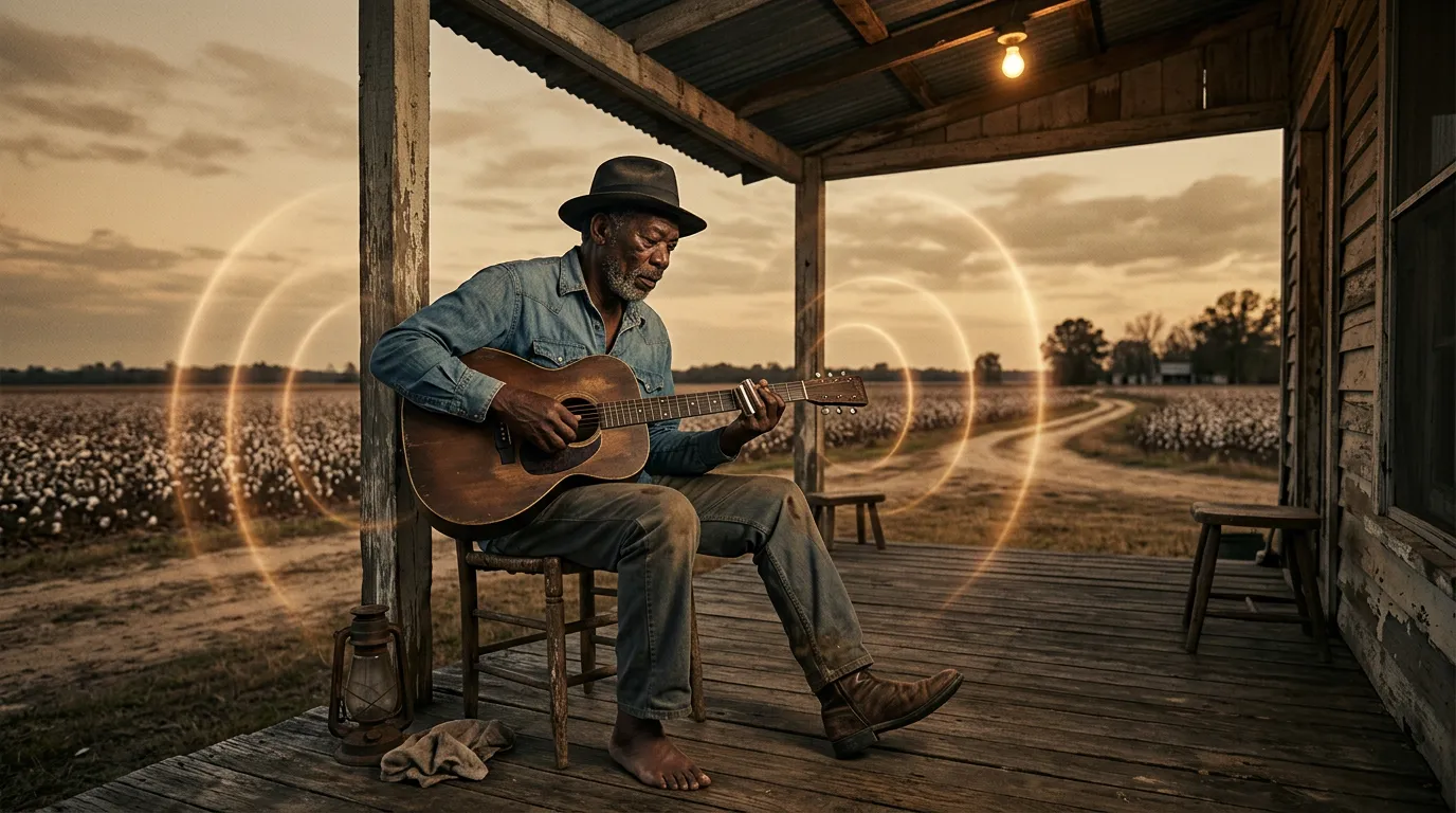 A lone blues guitarist on a wooden porch at dusk with an acoustic guitar and a bottleneck slide, cotton fields behind and faint rings of light floating in the warm air.