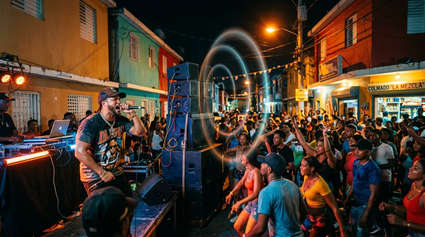 A Dominican dembow party on a Santo Domingo street at night, with a rapper on a microphone, a stack of speakers and a dancing crowd, with faint rings of light floating in the air.
