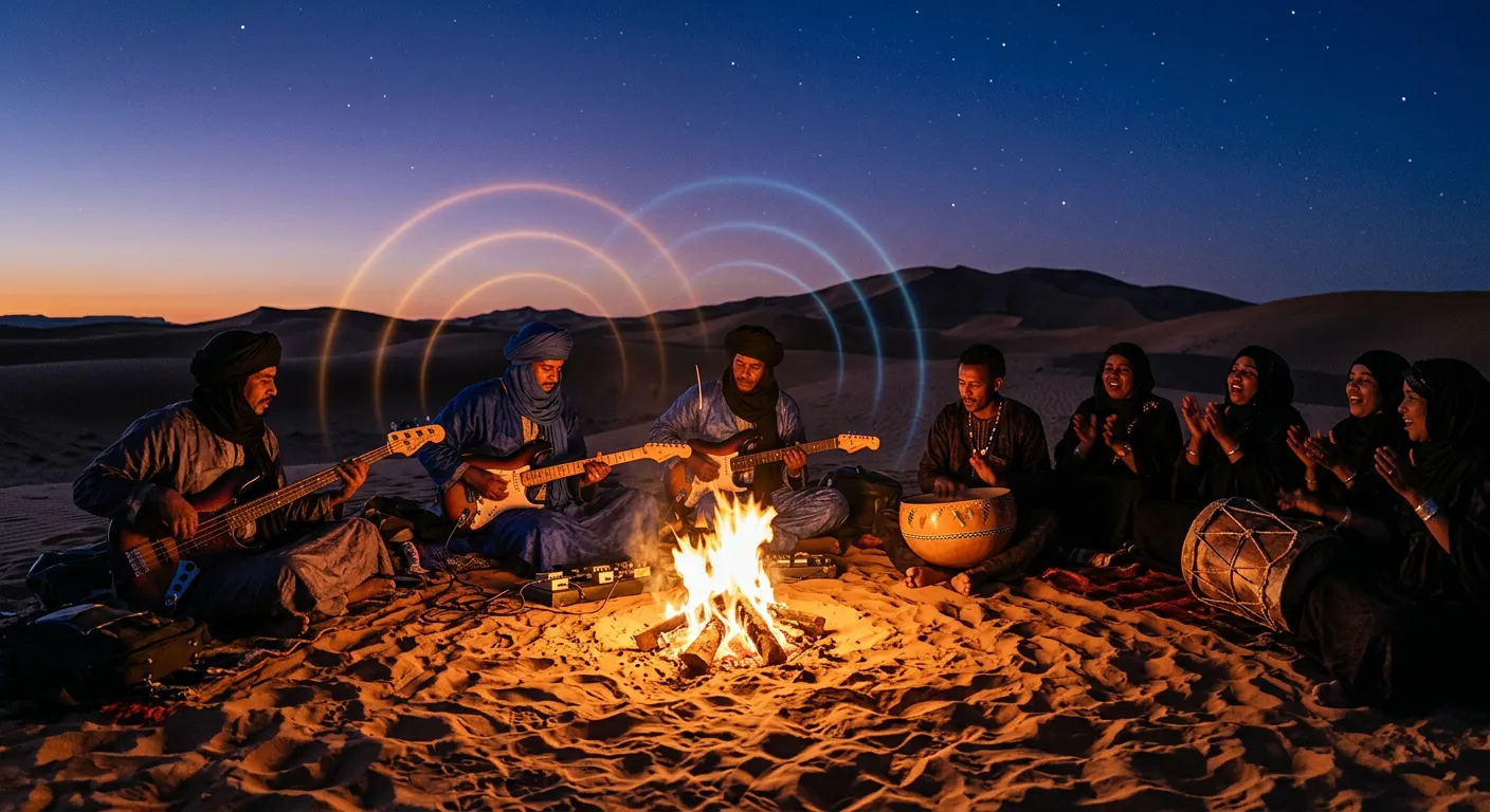 A Tuareg desert blues band with two electric guitarists in indigo turbans, a bass player, a calabash drummer and women singing and clapping around a campfire on the sand dunes at dusk, with faint rings of light floating in the air.