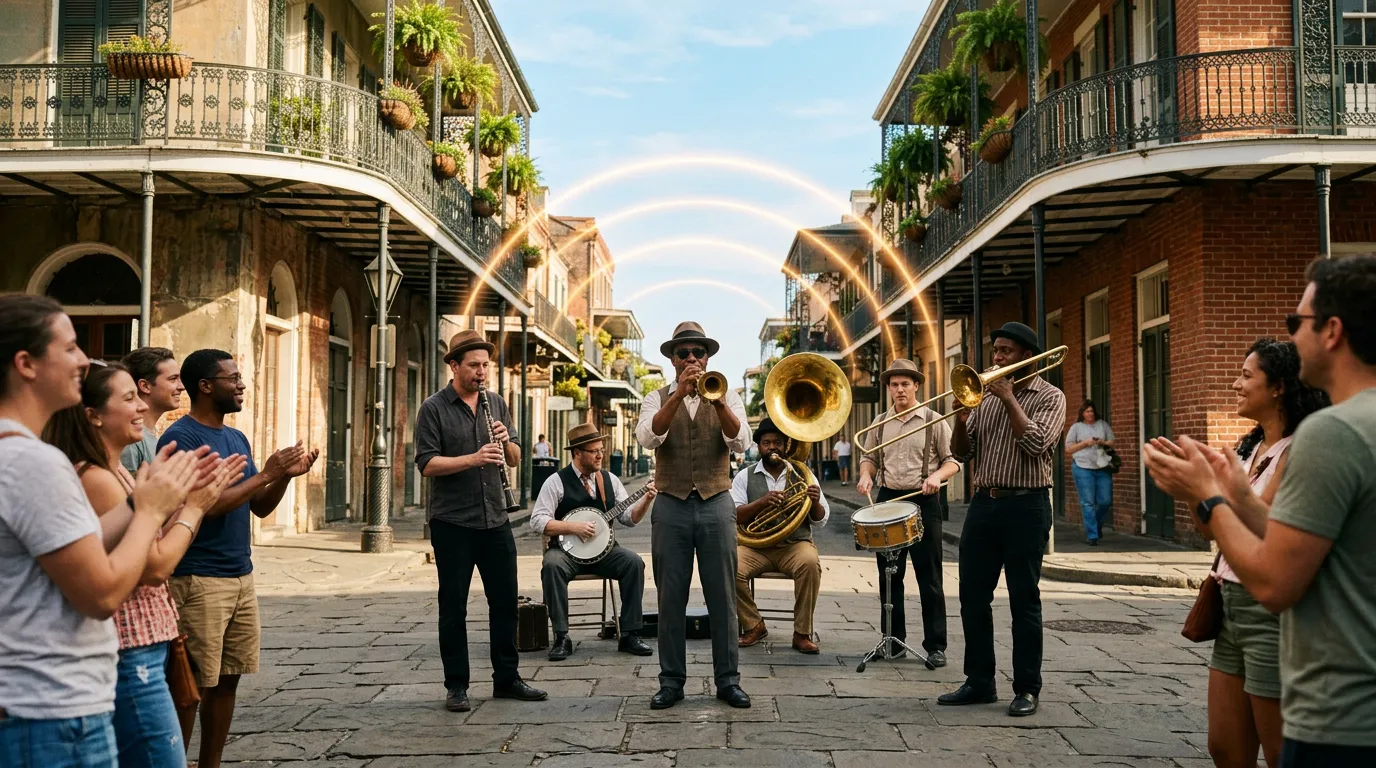 A Dixieland band with trumpet, clarinet, trombone, banjo and tuba playing on a sunny New Orleans street with faint rings of light floating above.