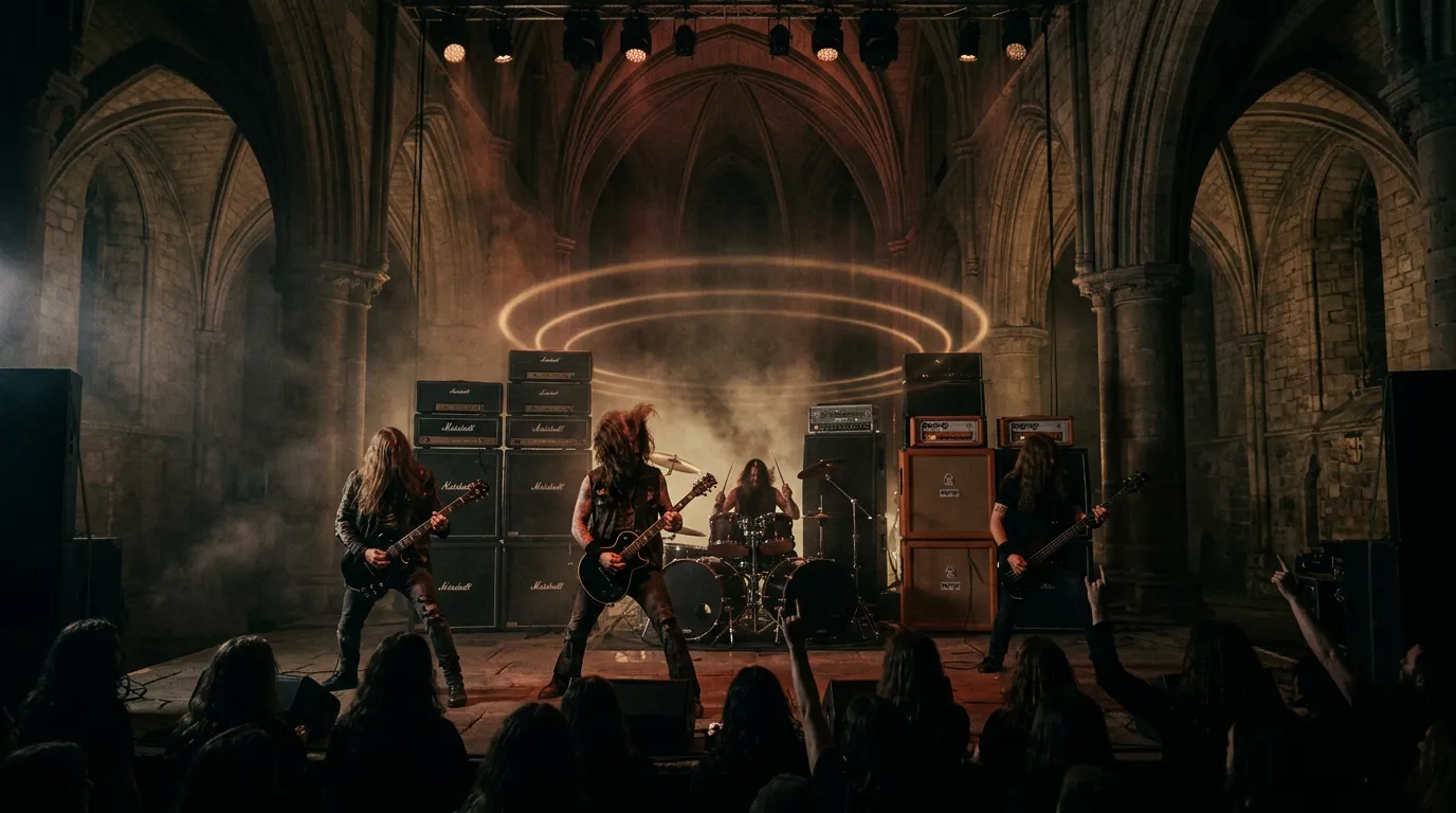 A doom metal band playing beneath towering amplifier stacks in a dim stone hall, smoke catching amber stage light and faint rings of light floating in the air above them.