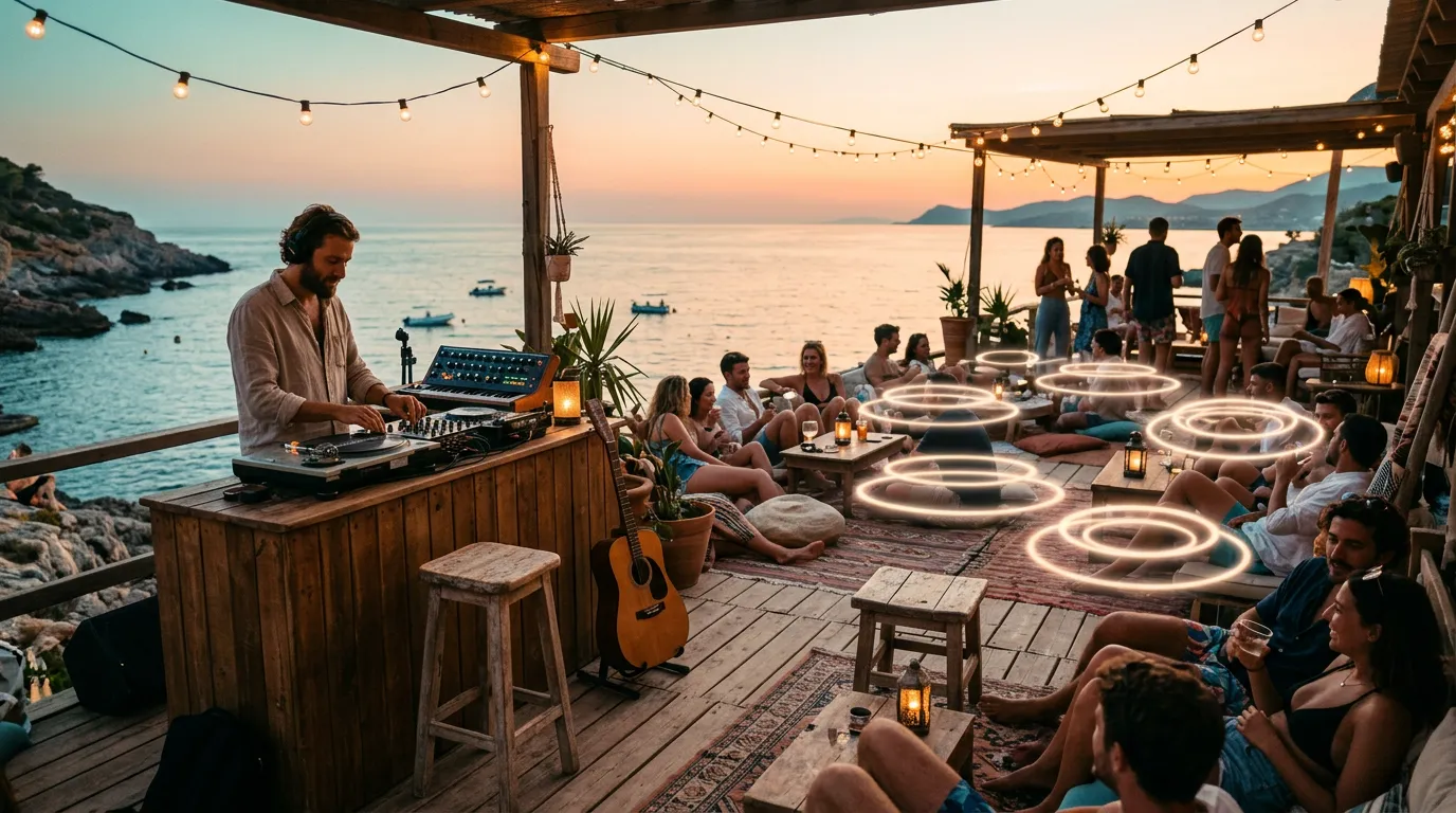 A seaside terrace at sunset with a small DJ booth, acoustic guitar and soft lanterns, people relaxing on cushions while faint rings of light float in the warm evening haze.