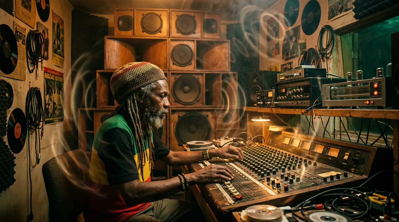 A dub engineer at a vintage mixing desk with tape echo units and a spring reverb in a small Kingston studio, a tall stack of sound system speakers behind, with faint rings of light floating in the air.