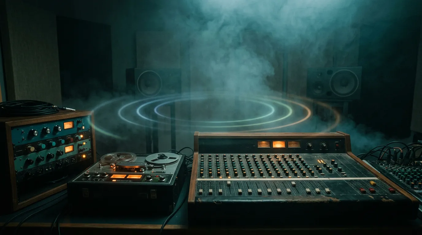 A dimly lit studio with a mixing desk and tape echo unit in the foreground, blue-green haze filling the room and faint glowing rings of light floating in the air.
