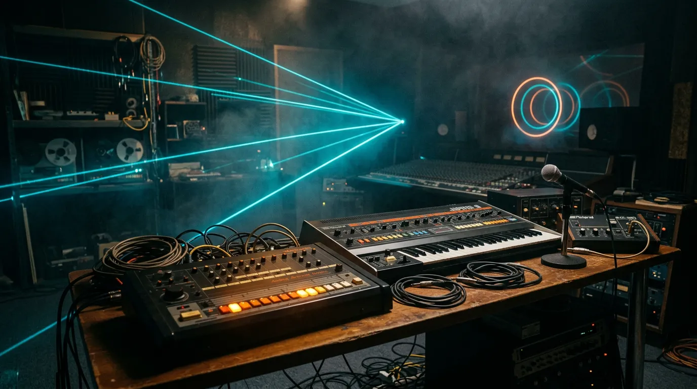 A vintage drum machine and synthesizer on a table in a dark room, cyan and orange light beams in haze and faint glowing rings floating in the air.