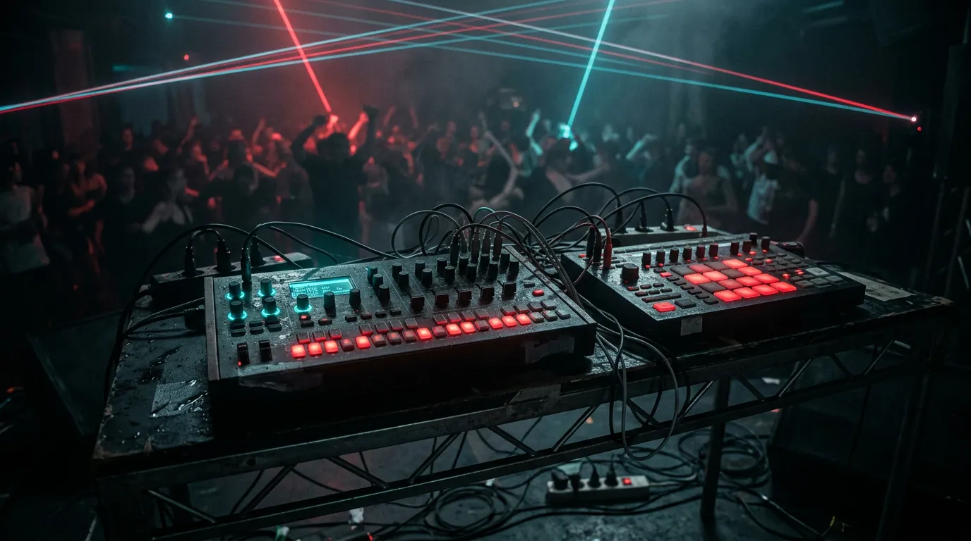 A hardware synth and drum machine glowing cyan and red on a stage table, with red and cyan laser beams cutting through haze above a dark club.