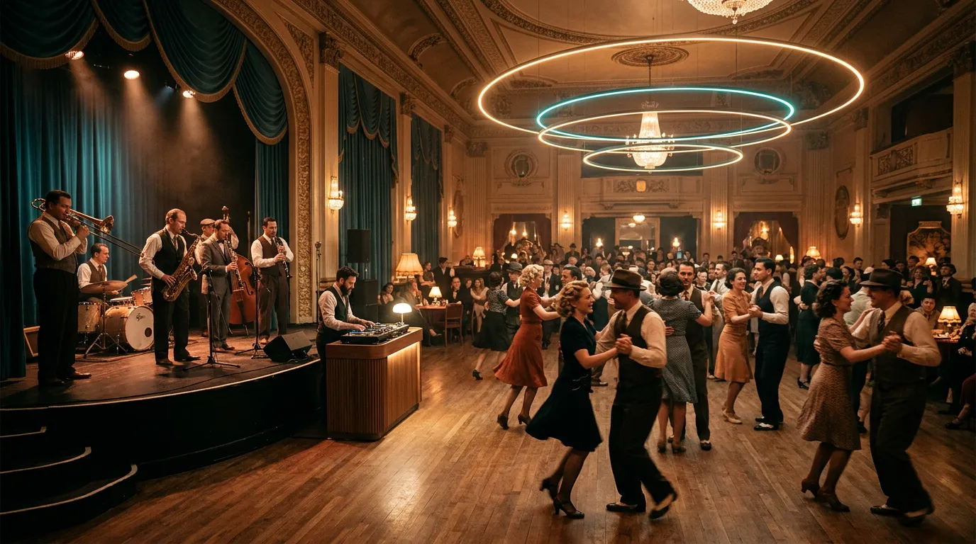 A vintage art deco ballroom with dancers in 1930s outfits, a brass band on a curved stage, warm amber lights and soft glowing rings in the smoky air.