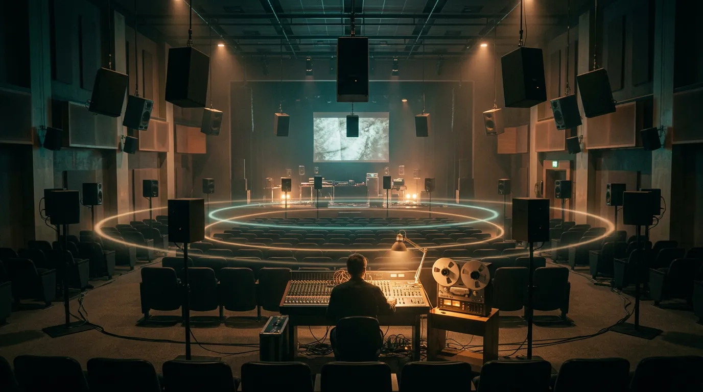 A dim concert hall filled with dozens of loudspeakers on stands around empty seats, a mixing desk in the centre and faint glowing rings of light in the air.