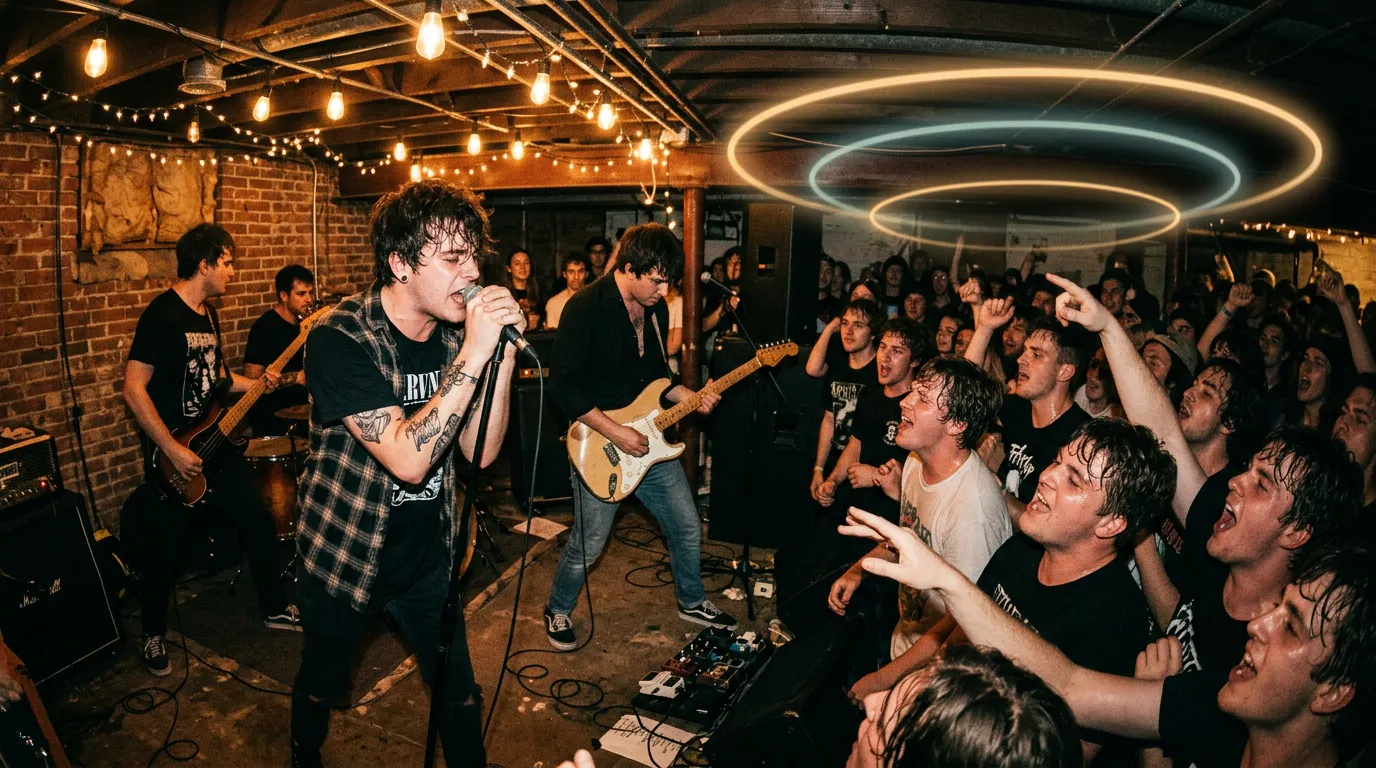 An emo band playing in a crowded basement, a singer shouting into a microphone under warm bulbs with faint rings of light floating above the crowd.
