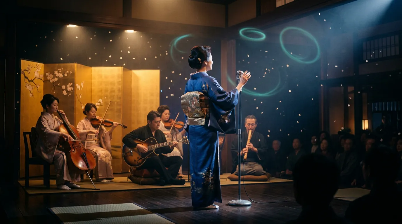 An enka singer in a kimono sings at a vintage microphone on a softly lit stage, with a string section behind and faint rings of teal light in the air.