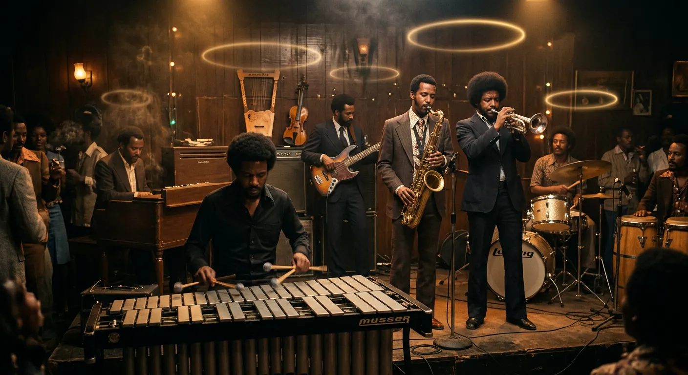 An Ethio-jazz band with a vibraphone, saxophone and trumpet, electric organ, bass, drums and congas playing in a dim Addis Ababa nightclub of the early 1970s, with faint rings of light floating in the air.