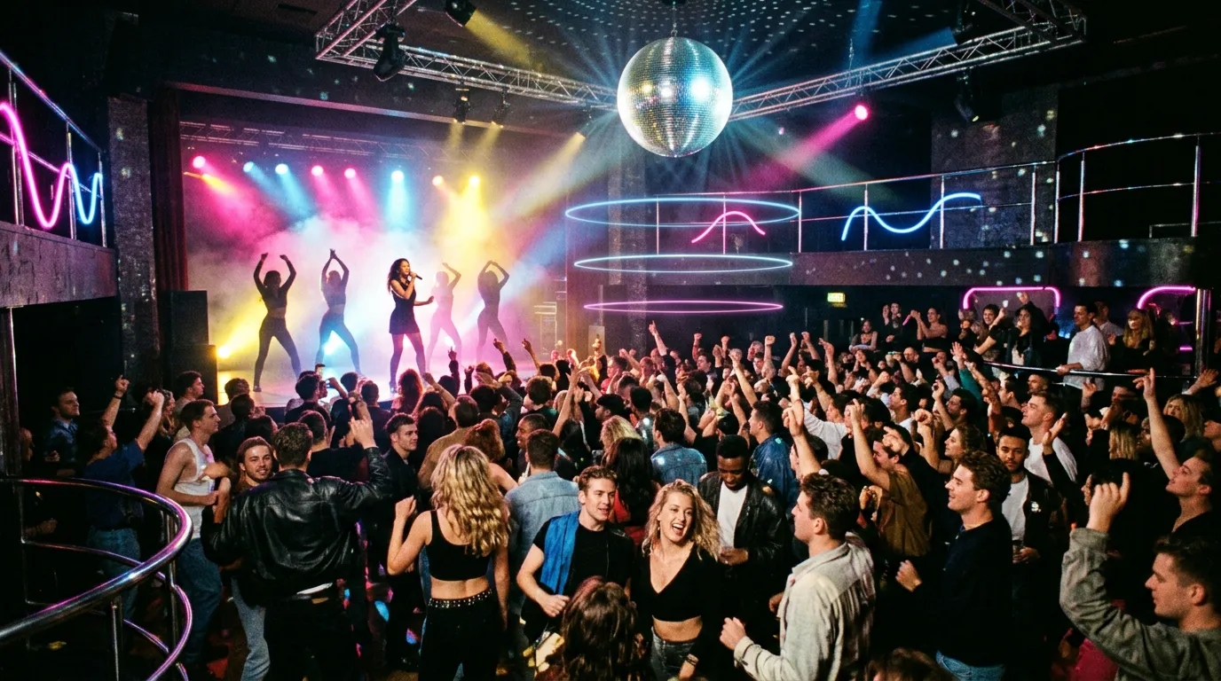 A packed 1990s-style nightclub seen from the dance floor, a bright stage with dancers, colourful spotlights and smoke, and faint glowing rings of light floating above the crowd.