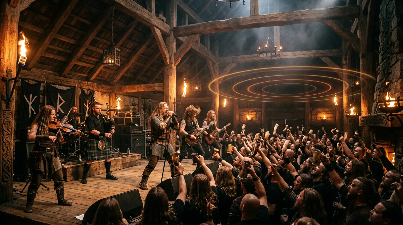 A folk metal band with a fiddle, bagpipes and electric guitars playing in a torch-lit wooden hall, with faint rings of light floating above the crowd.