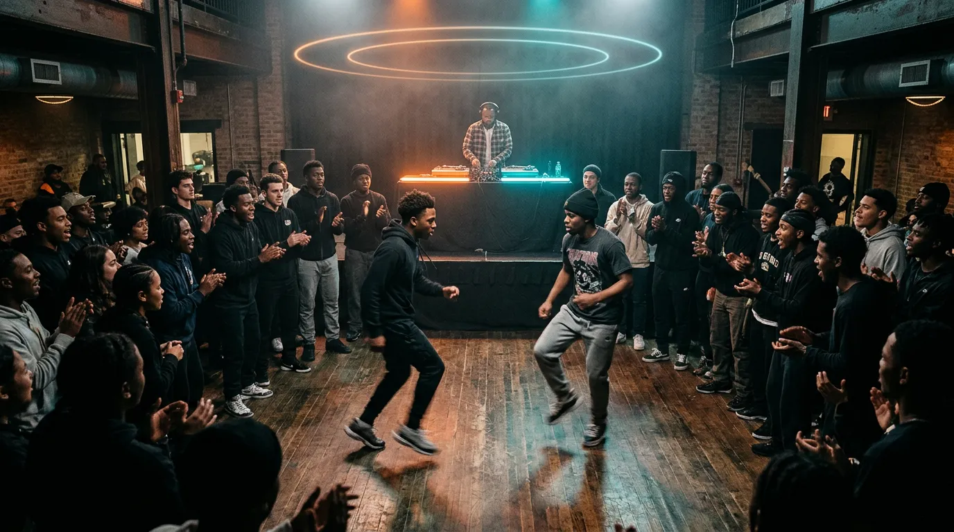 Footwork dancers battling in a circle in a gritty community hall, a DJ with turntables behind them, orange and cyan light, faint glowing rings of light above.