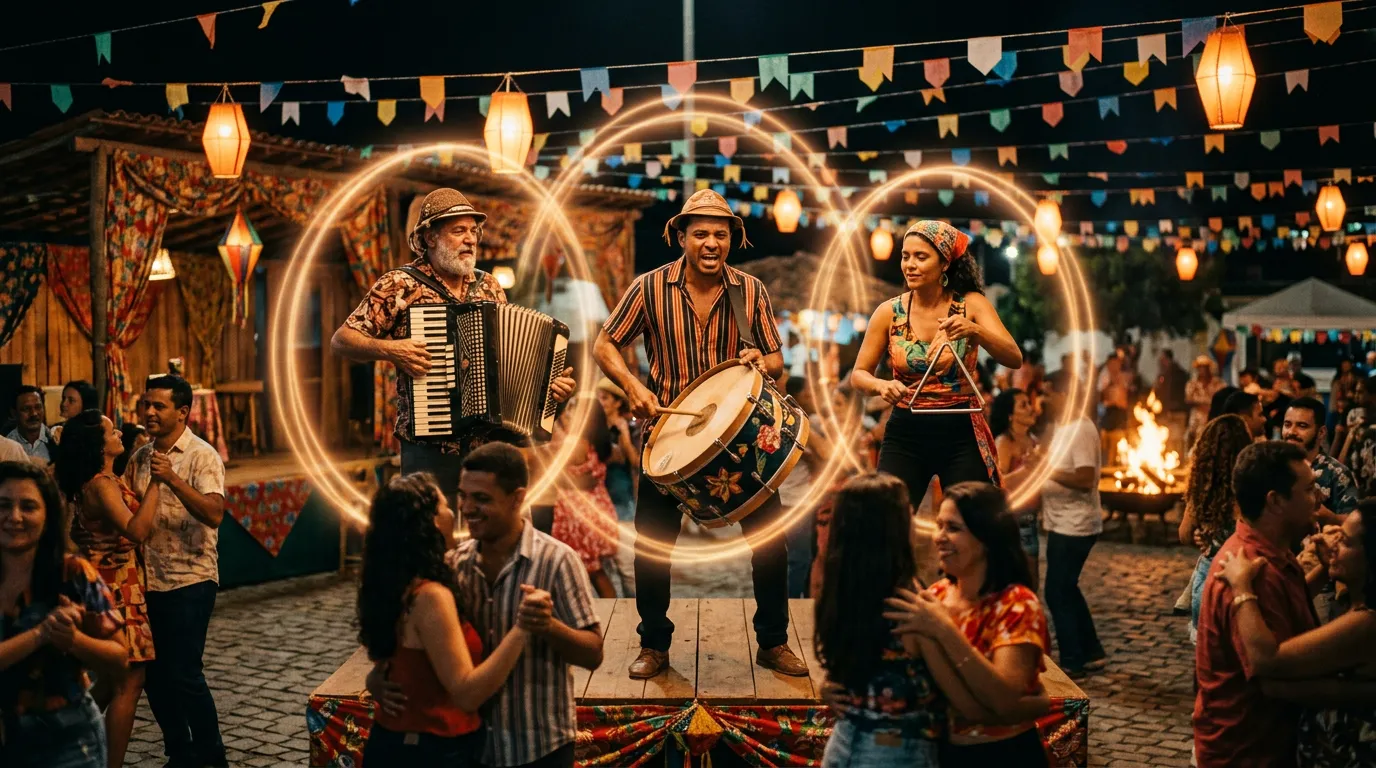 A forró trio with accordion, zabumba drum and triangle playing for dancing couples under strings of coloured June festival flags at night, with faint rings of light floating in the air.