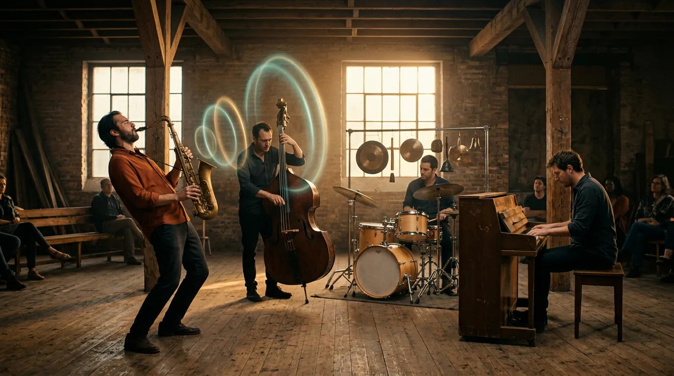 A small free jazz group improvising in a bare loft space with saxophone, double bass, drums and hanging gongs, faint rings of light floating in the dusty air.