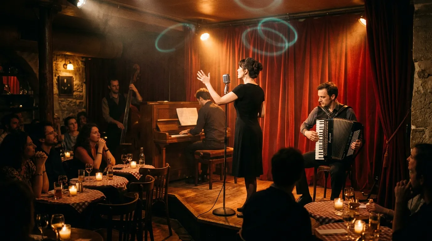 A chanson singer in a black dress sings at a vintage microphone in a small Paris cabaret, with an accordionist and pianist beside her and faint rings of teal light in the air.