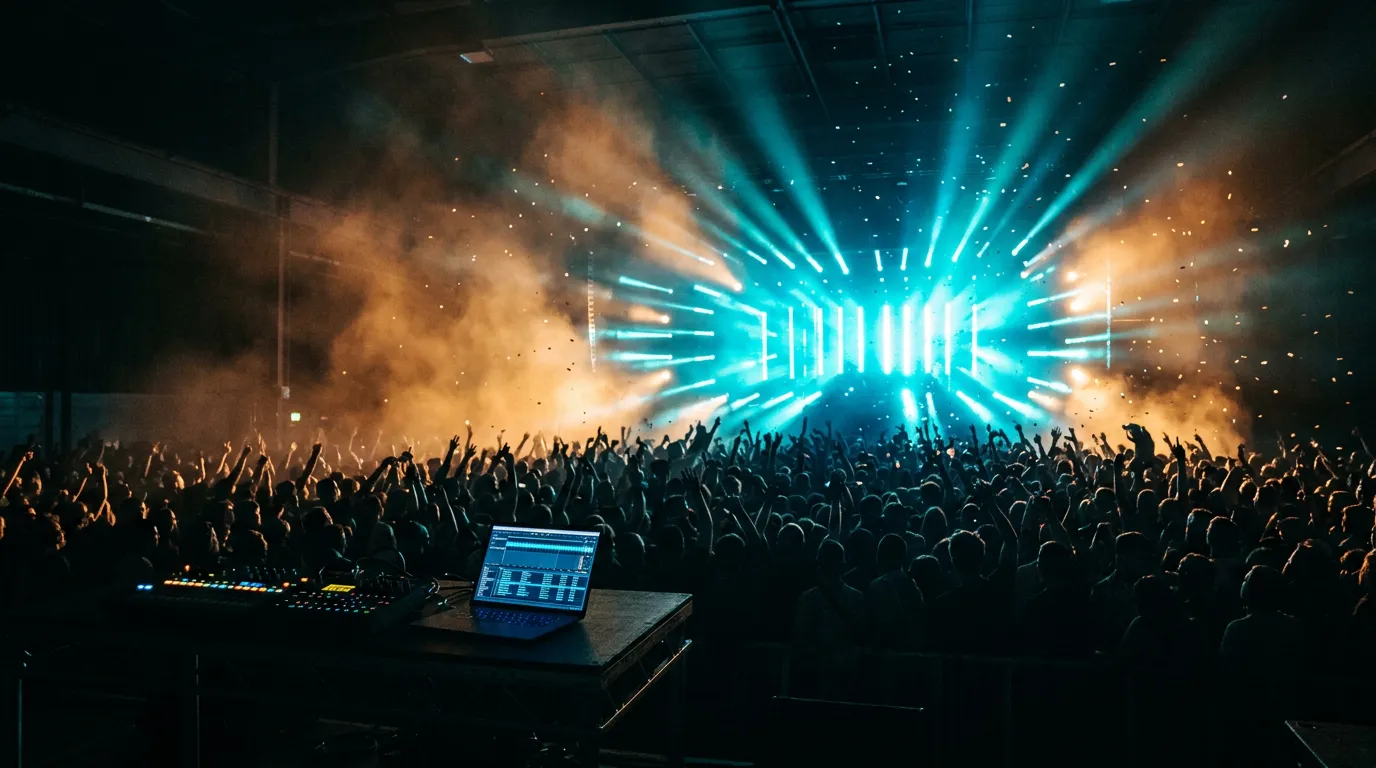 A silhouetted crowd with raised hands beneath blooming cyan light bars and amber haze in a dark warehouse, a glowing synth controller in front.