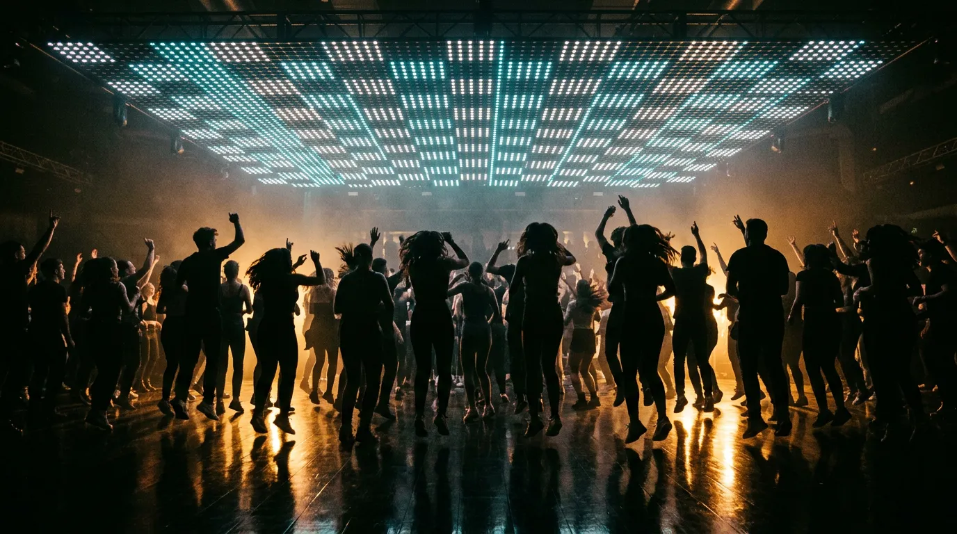 Silhouetted crowd jumping on a glossy black arena floor under a low ceiling grid of white and cyan LED points with amber strobe flashes