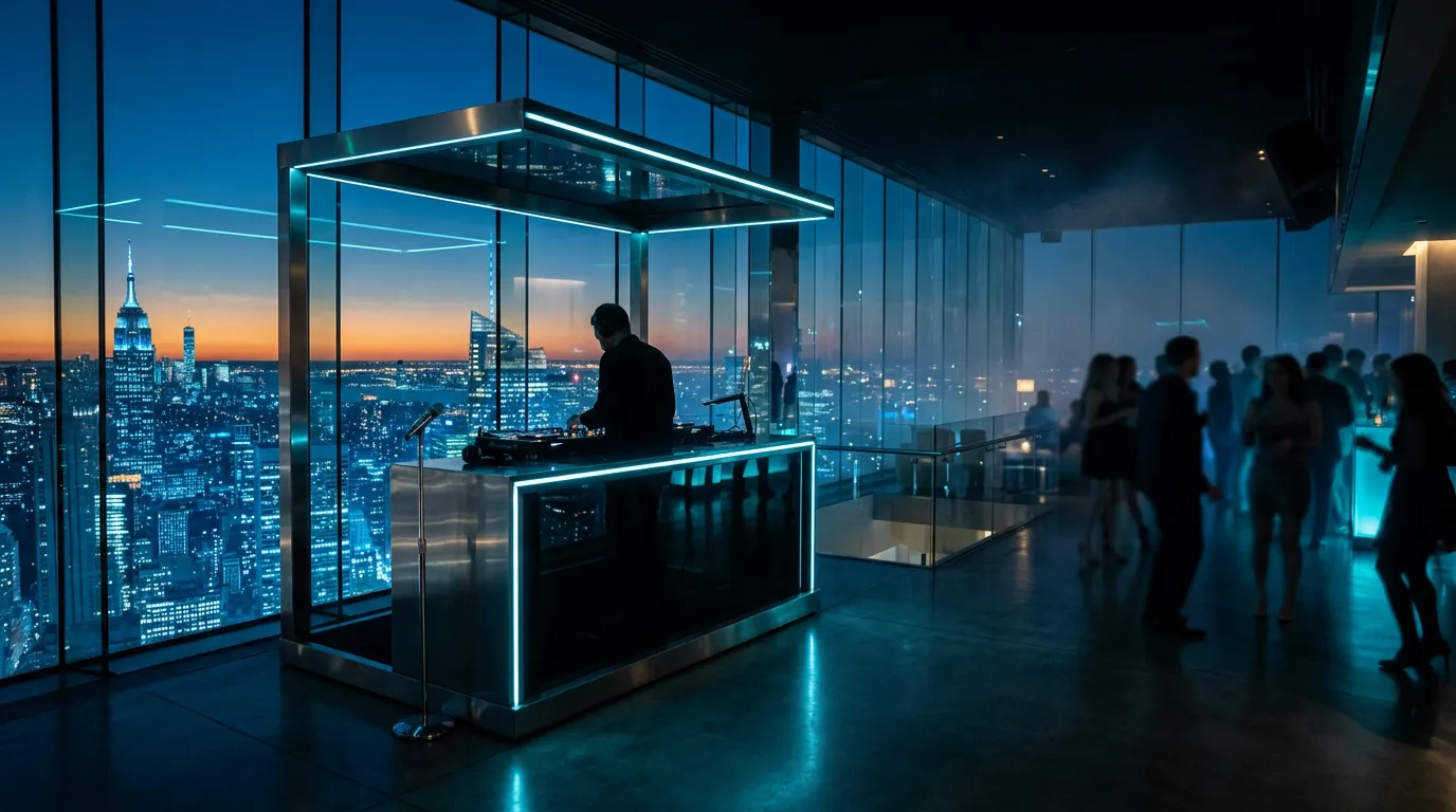 A chrome and glass DJ booth lit by cyan LED tubes on a rooftop club at blue hour, with a glittering city skyline and amber horizon behind.