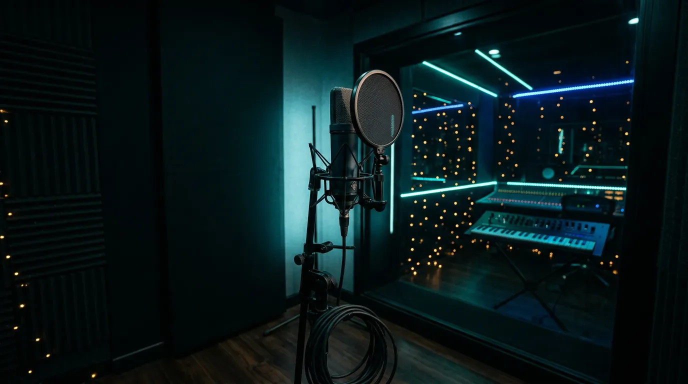 A condenser microphone in a dark vocal booth lit by soft cyan light, with teal LED reflections on the glass and warm amber bokeh behind.