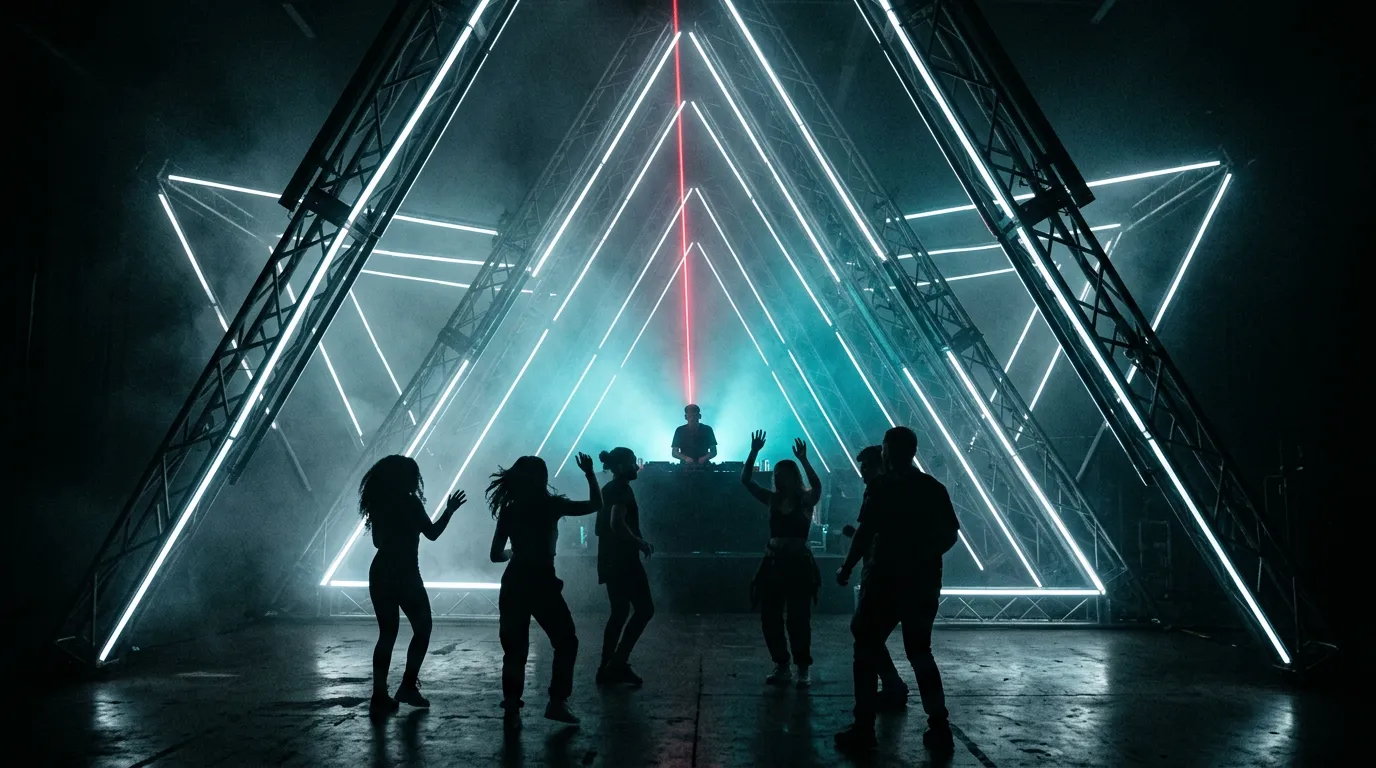Angular steel tunnel stage lined with white and cyan light, a red laser cutting through smoke toward a lone DJ silhouette