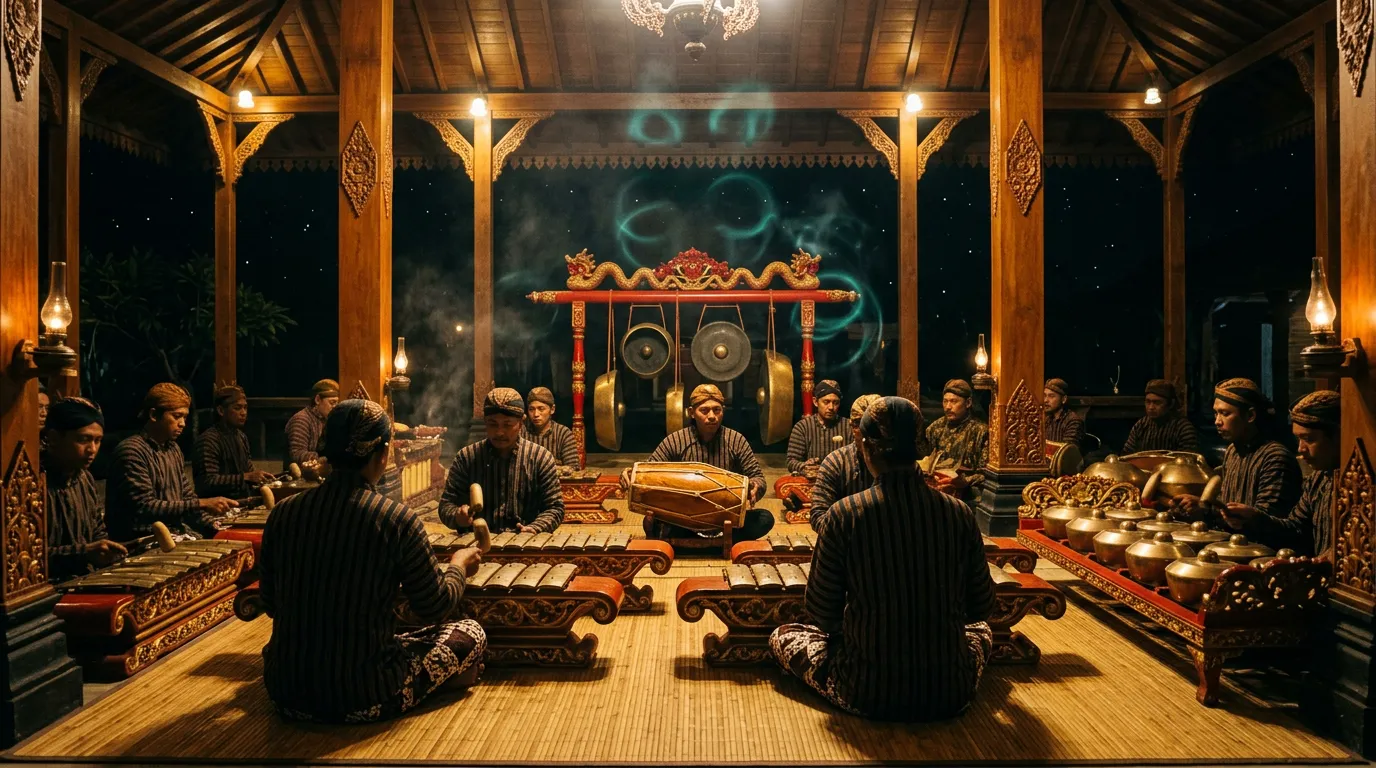 A Javanese gamelan ensemble seated on the floor of an open wooden pavilion at night, with bronze gongs, metallophones and gong-chimes glowing in warm light under faint rings of teal light.