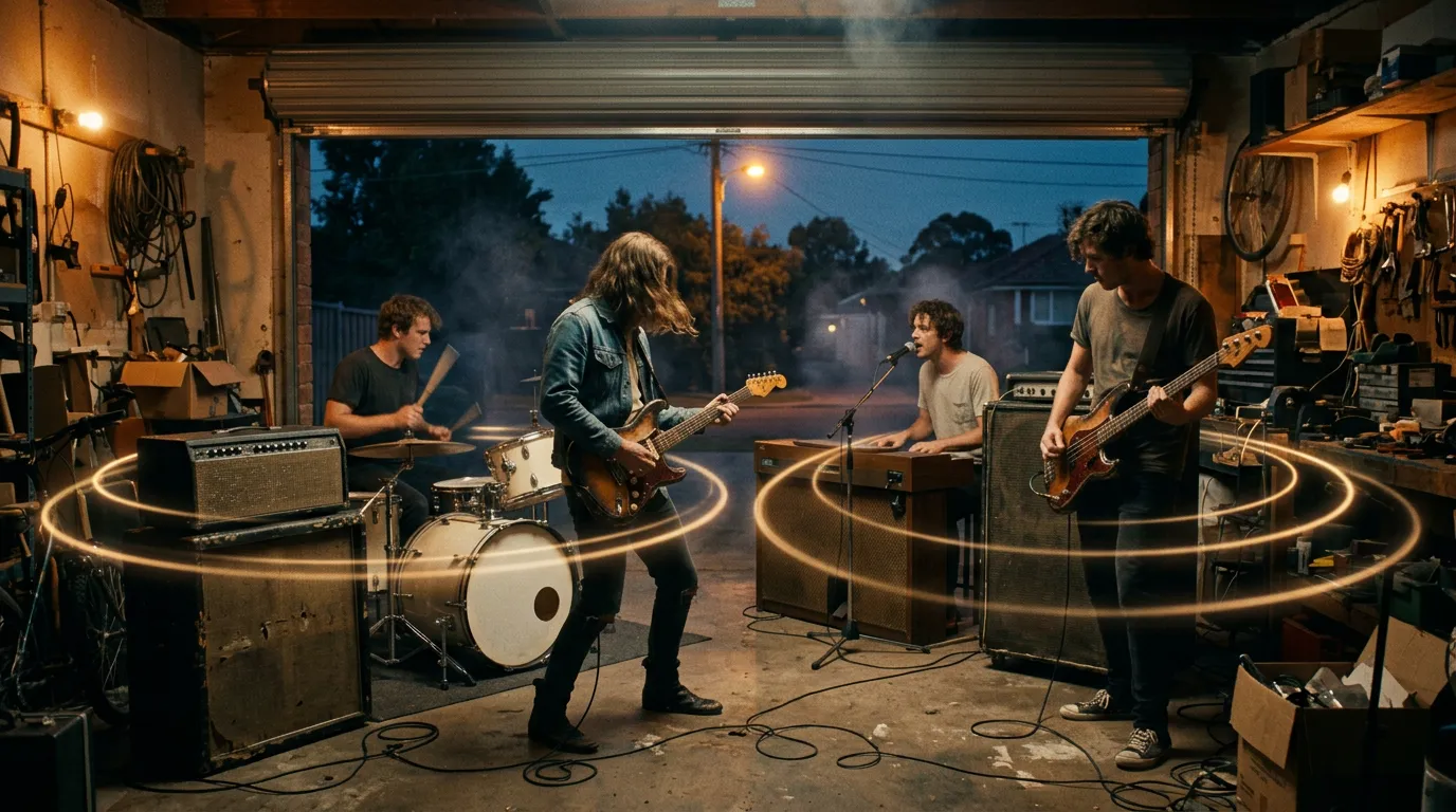 A young rock band playing loud in a cluttered suburban garage at dusk, warm bulbs glowing over amps and drums, with faint rings of light floating in the air.