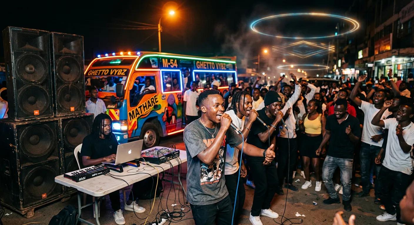 A group of young MCs shouting into microphones over a laptop and speaker stack at a crowded night street party in Nairobi, with a painted matatu behind them and faint rings of light floating in the air.