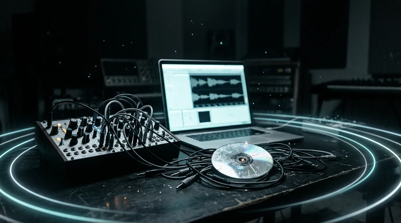 A dark studio desk with a laptop, a cracked compact disc and tangled patch cables, tiny sparks of light and faint glowing rings floating in the air.