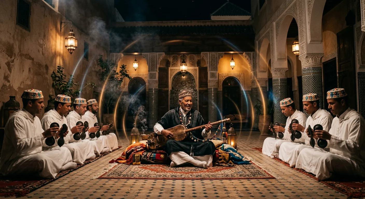 A Gnawa maâlem playing the guembri on a carpet in the courtyard of a Moroccan house at night, flanked by musicians in white robes clashing iron qraqeb, with faint rings of light floating in the air.