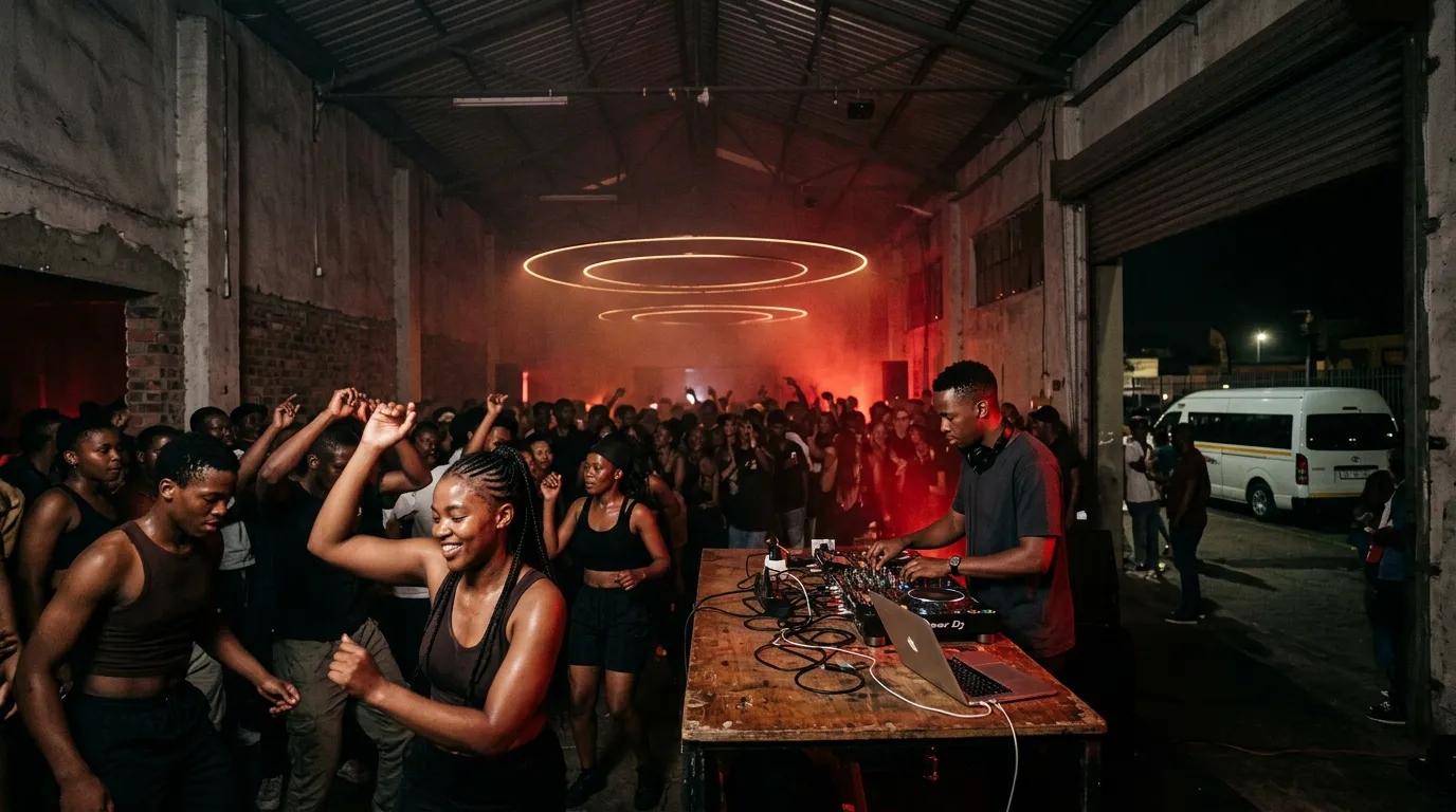 A dark Durban warehouse party with dancers in red and amber light, a DJ with a laptop and controller, haze, and faint glowing rings of light above the crowd.