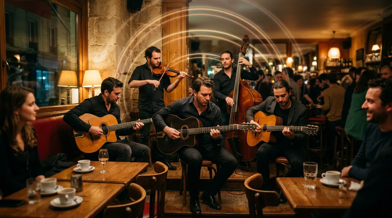 A gypsy jazz quartet with two acoustic guitars, a violin and a double bass playing in a small Parisian cafe with faint rings of light floating above.
