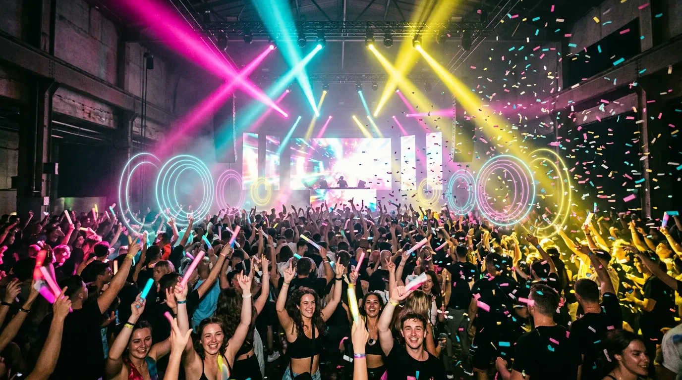 A joyful rave crowd with arms raised under bright pink, cyan and yellow lights, glow sticks in the air and soft concentric light rings floating overhead.