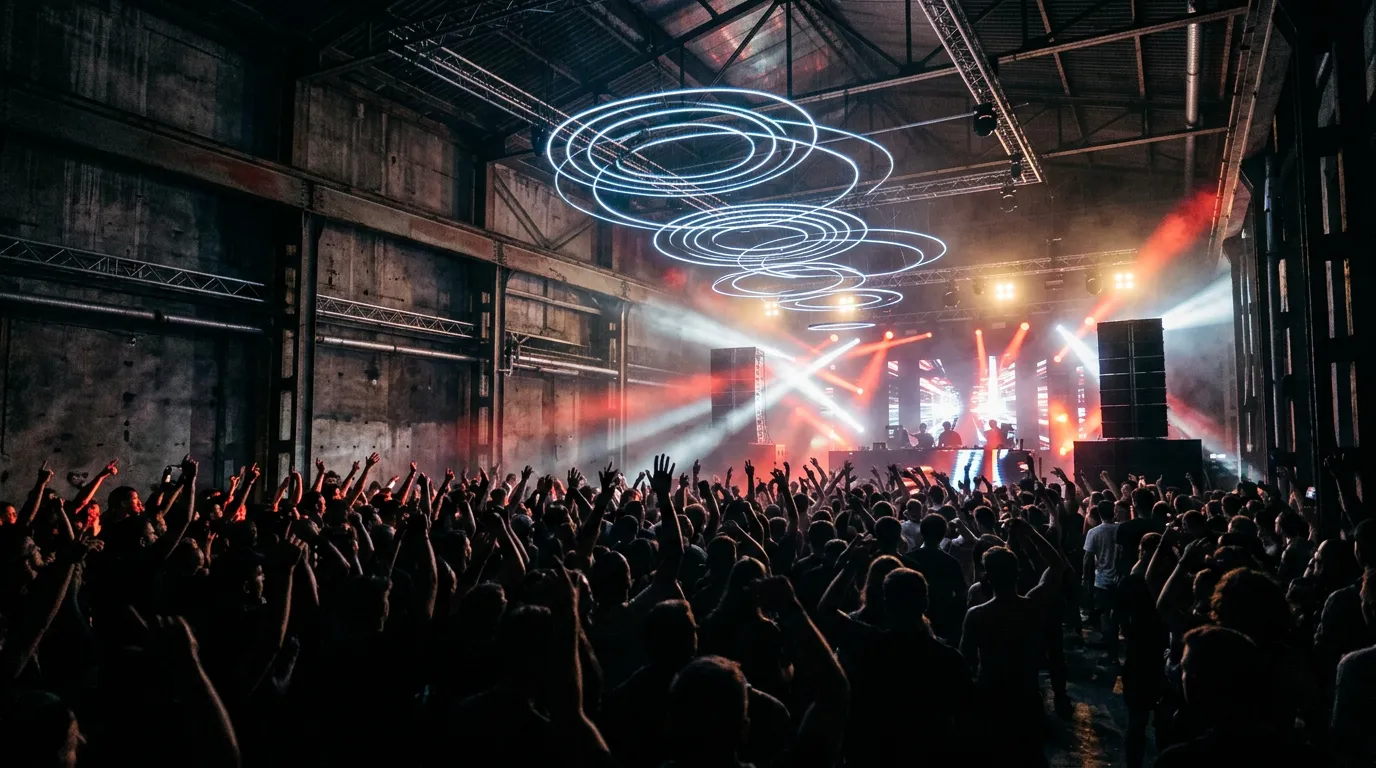 A dark concrete warehouse rave seen from behind the crowd, red strobes cutting through haze and faint glowing rings of light floating above raised hands.
