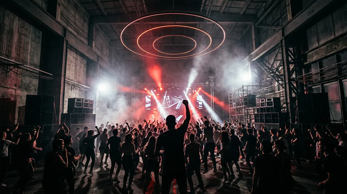 A packed industrial warehouse rave with a raised fist silhouetted against harsh red and white strobes, thick smoke and faint concentric light rings pulsing above the crowd.
